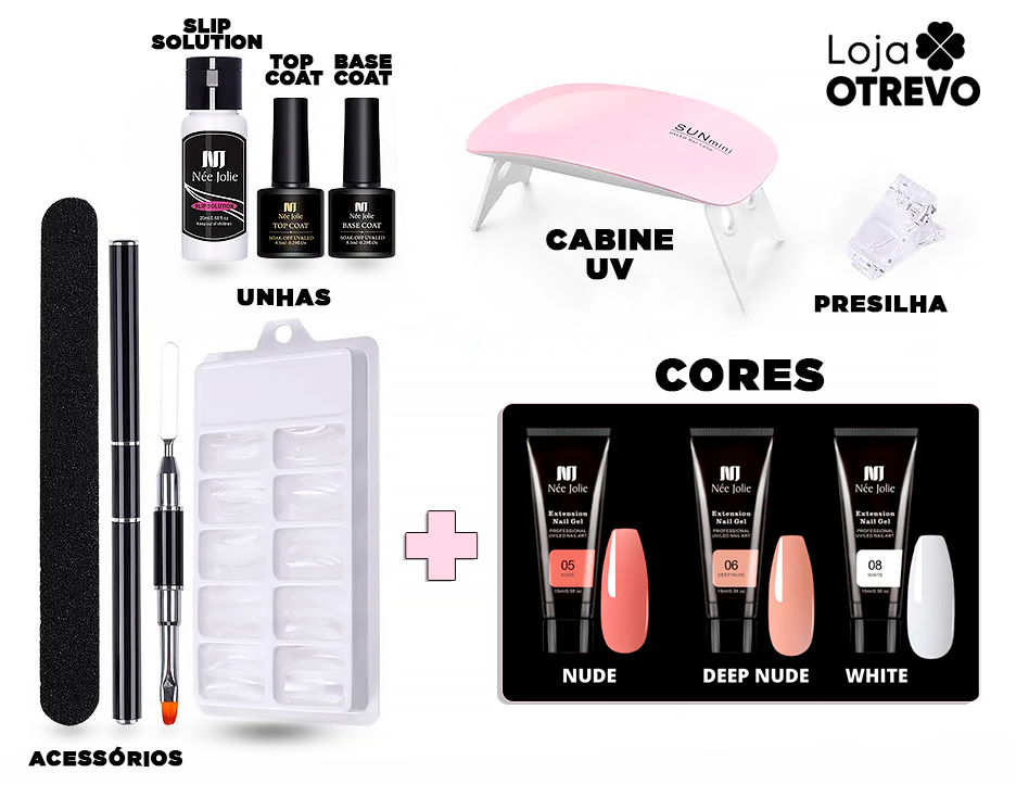 LuxGel - Née Jolie Alongamento Fácil de Unhas (Kit Completo ORIGINAL) + BRINDE CABINE DE LUZ UV PARA SECAGEM DO GEL - 50% OFF