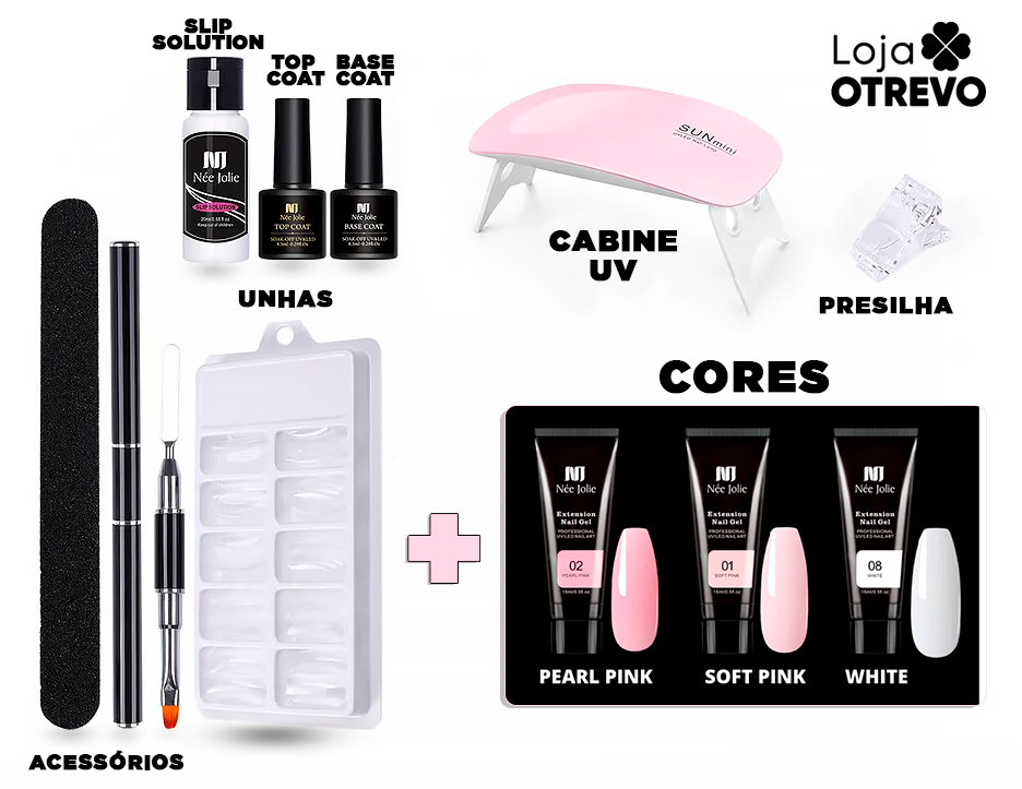 LuxGel - Née Jolie Alongamento Fácil de Unhas (Kit Completo ORIGINAL) + BRINDE CABINE DE LUZ UV PARA SECAGEM DO GEL - 50% OFF