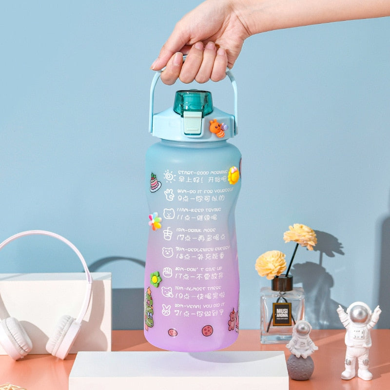 Garrafa de água de 2 litros com marcador de Hora e Frase Motivacionais