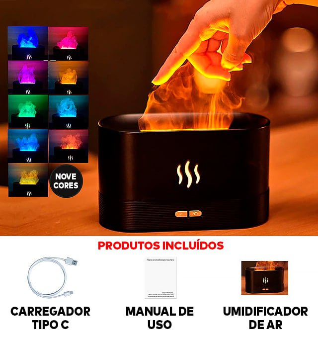 Umidificador de Ar  Difusor de Aromas com Chama Colorida ®FireRelax
