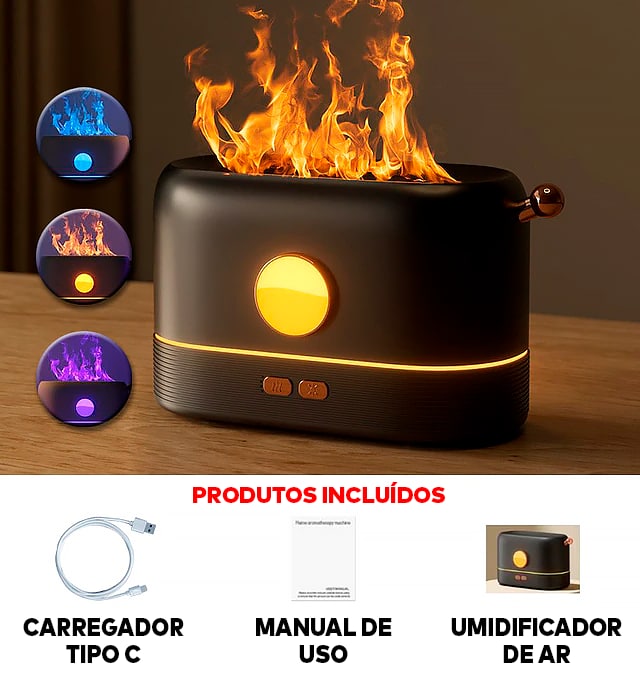 Umidificador de Ar  Difusor de Aromas com Chama Colorida ®FireRelax