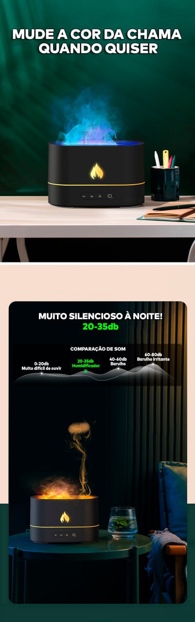 Umidificador de Ar  Difusor de Aromas com Chama Colorida ®FireRelax