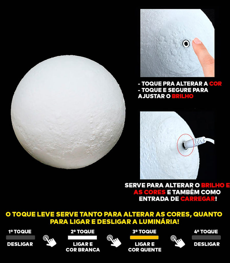 Luminária 3D de Lua Cheia Com 16 Cores - ®SmartMoon